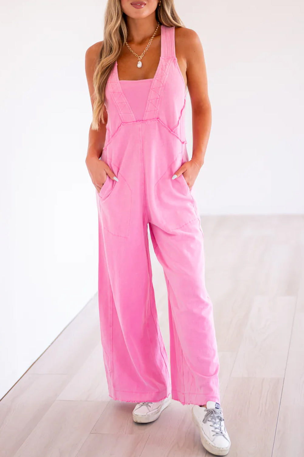 Bonbon Mineral Wash Raw Seam Patchwork Wide Leg Loose Jumpsuit Jumpsuits & Rompers JT's Designer Fashion