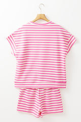 Rose Stripe Crew Neck T Shirt and Drawstring Shorts Set Short Sets JT's Designer Fashion