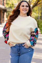 White Floral Patchwork Sleeve Textured Plus Size Pullover Top White 97%Polyester+3%Elastane Plus Size Long Sleeve Tops JT's Designer Fashion
