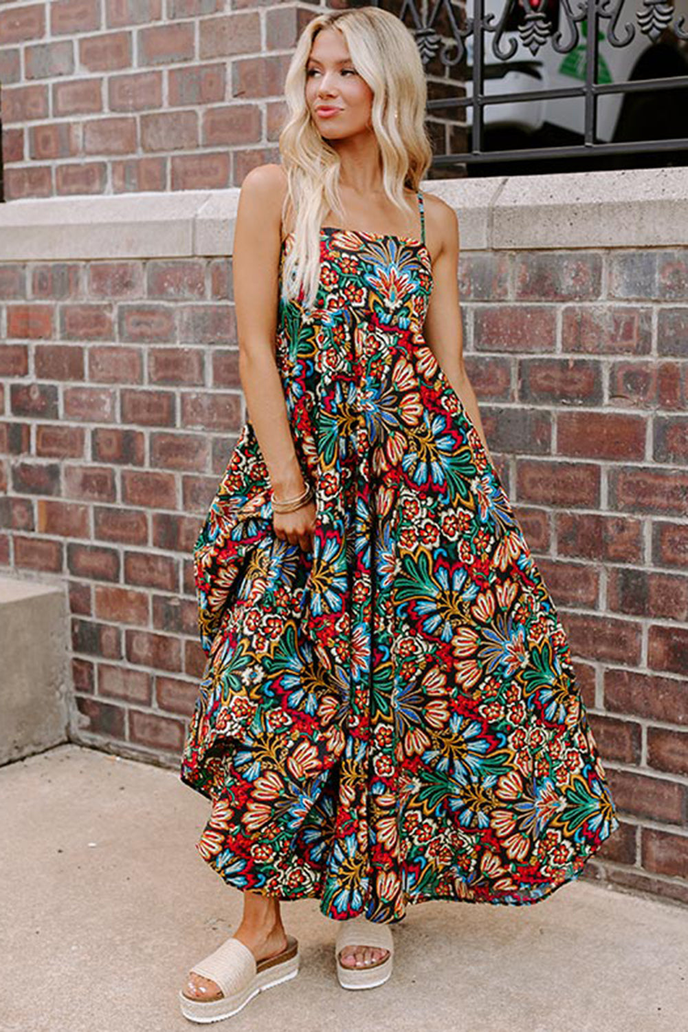 Black Boho Floral Print Thin Straps Sleeveless High Waist Maxi Dress Floral Dresses JT's Designer Fashion