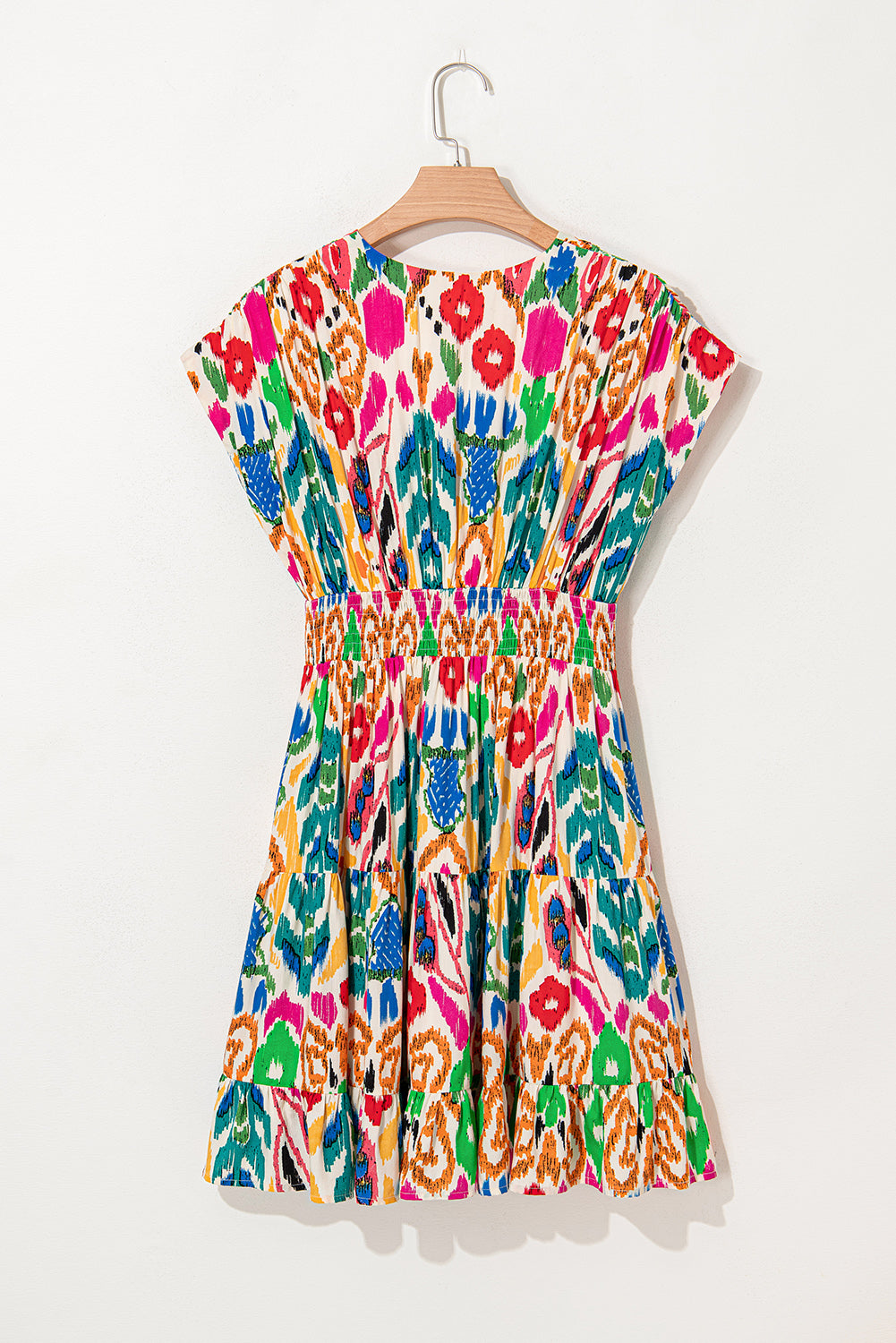 Sky Blue Abstract Print V Neck Dolman Sleeve Ruffle Tiered Mini Dress Dresses JT's Designer Fashion