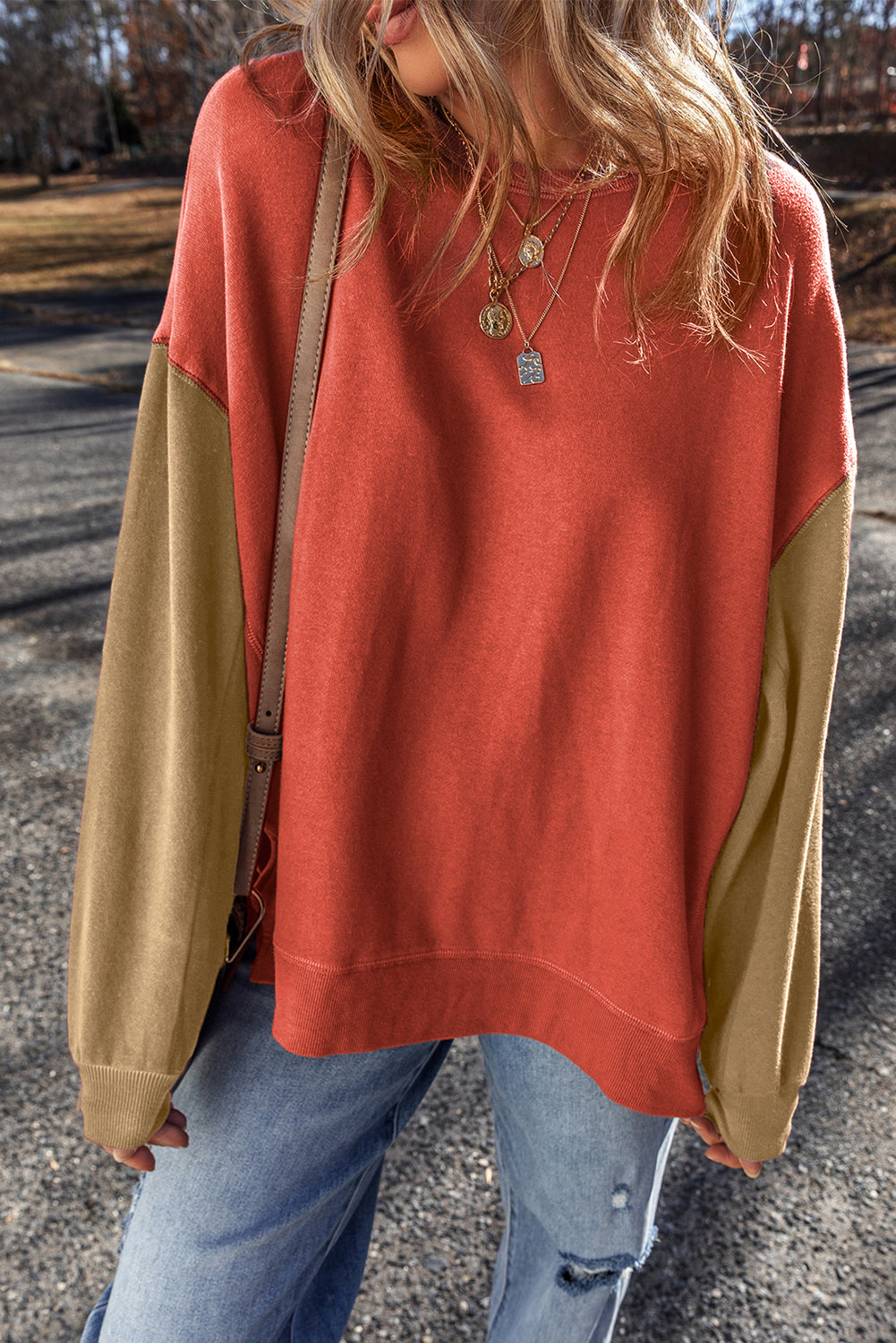 Gold Flame Two Tone Patchwork Drop Shoulder Pullover Sweatshirt Sweatshirts & Hoodies JT's Designer Fashion