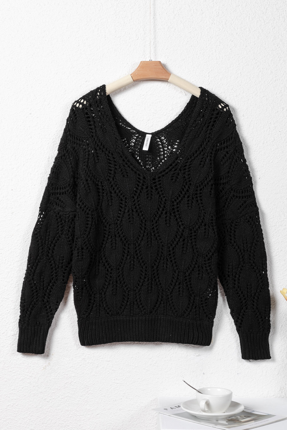 Black Crochet Knit Ribbed Hem Hollow-out Sweater Sweaters JT's Designer Fashion