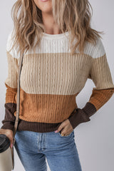 Khaki Colorblock Cable Knit Round Neck Sweater Sweaters JT's Designer Fashion