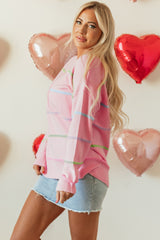 Pink Rainbow Stripes Drop Shoulder Baggy Henley Sweater Sweaters JT's Designer Fashion