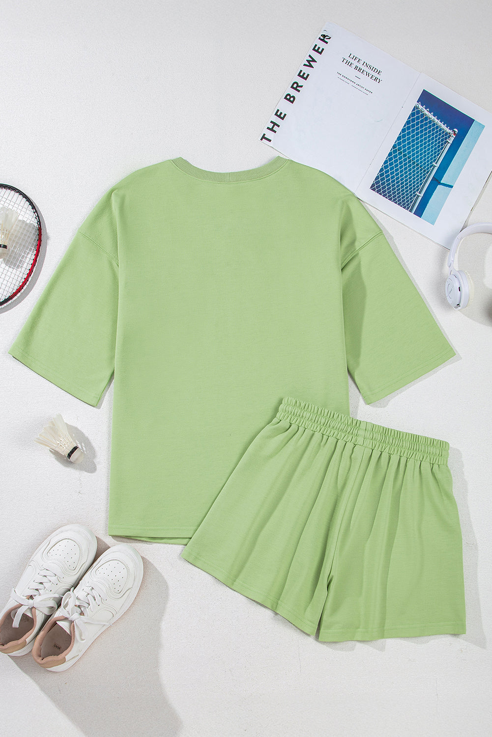 Meadow Mist Green Solid Loose V Neck Half Sleeve Tee and Shorts Short Sets JT's Designer Fashion