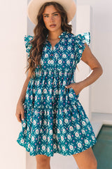 Blue Retro Floral Print Split Neck Ruffle Short Sleeve Dress Floral Dresses JT's Designer Fashion
