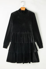 Black Velvet High Neck Tiered Ruffle Mini Dress Mini Dresses JT's Designer Fashion