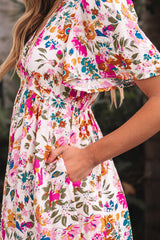 Red Floral Short Sleeve V Neck High Waist Maxi Dress Floral Dresses JT's Designer Fashion
