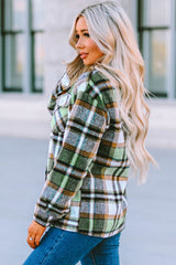 Green Geometric Plaid Print Pocketed Shacket Plaid Shackets JT's Designer Fashion