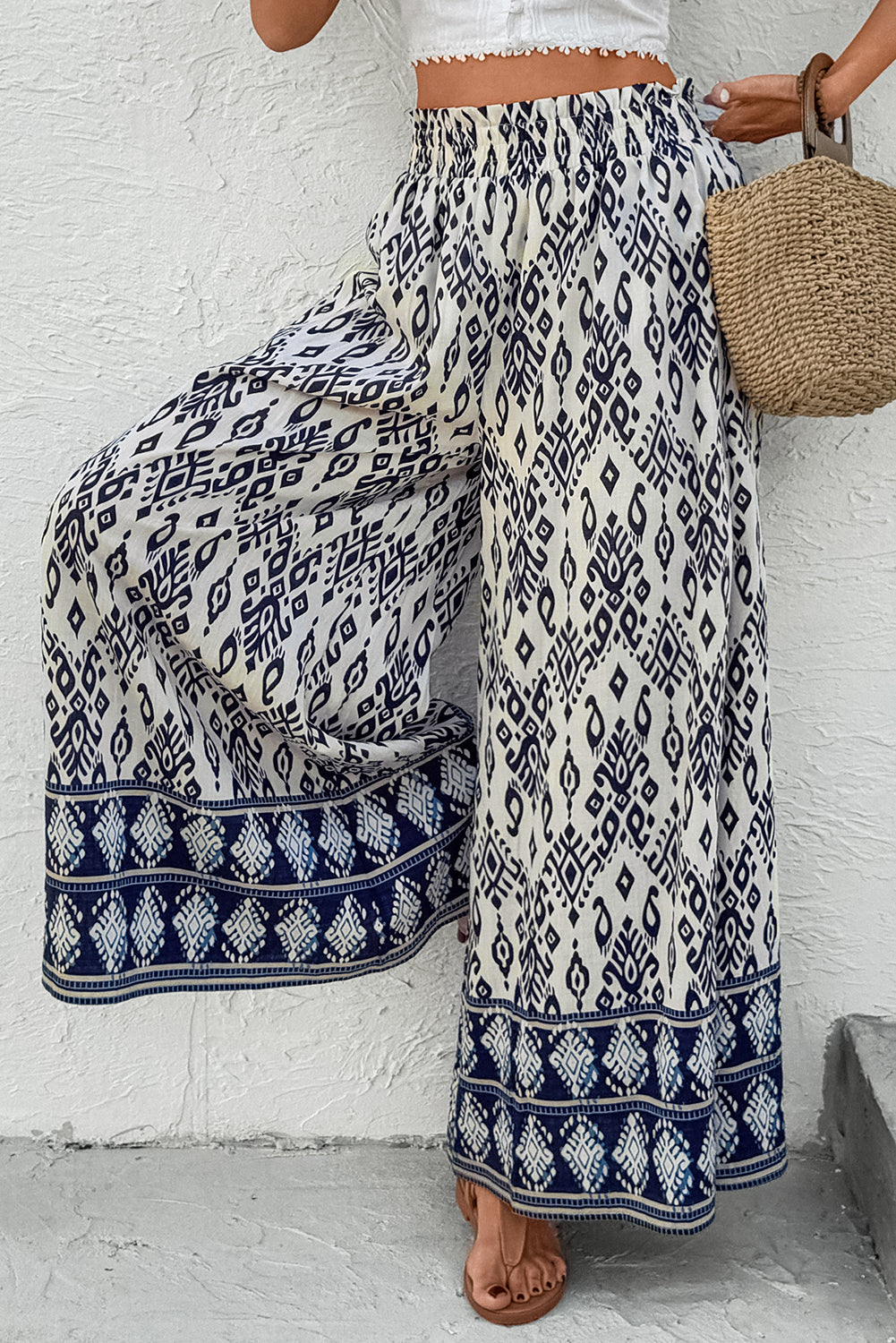 Blue Boho Pattern Print High Waist Wide Leg Loose Pants Pants & Culotte JT's Designer Fashion