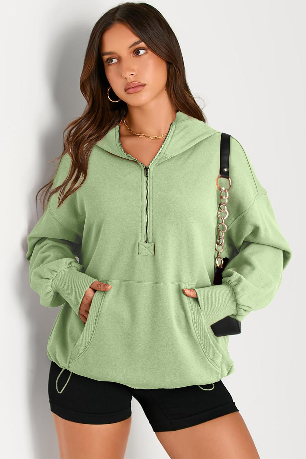 Smoke Green Solid Kangaroo Pocket Half Zipper Oversized Hoodie Sweatshirts & Hoodies JT's Designer Fashion
