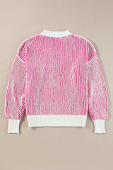 Bright Pink Striped Textured Knit Contrast Edge Loose Sweater Sweaters JT's Designer Fashion