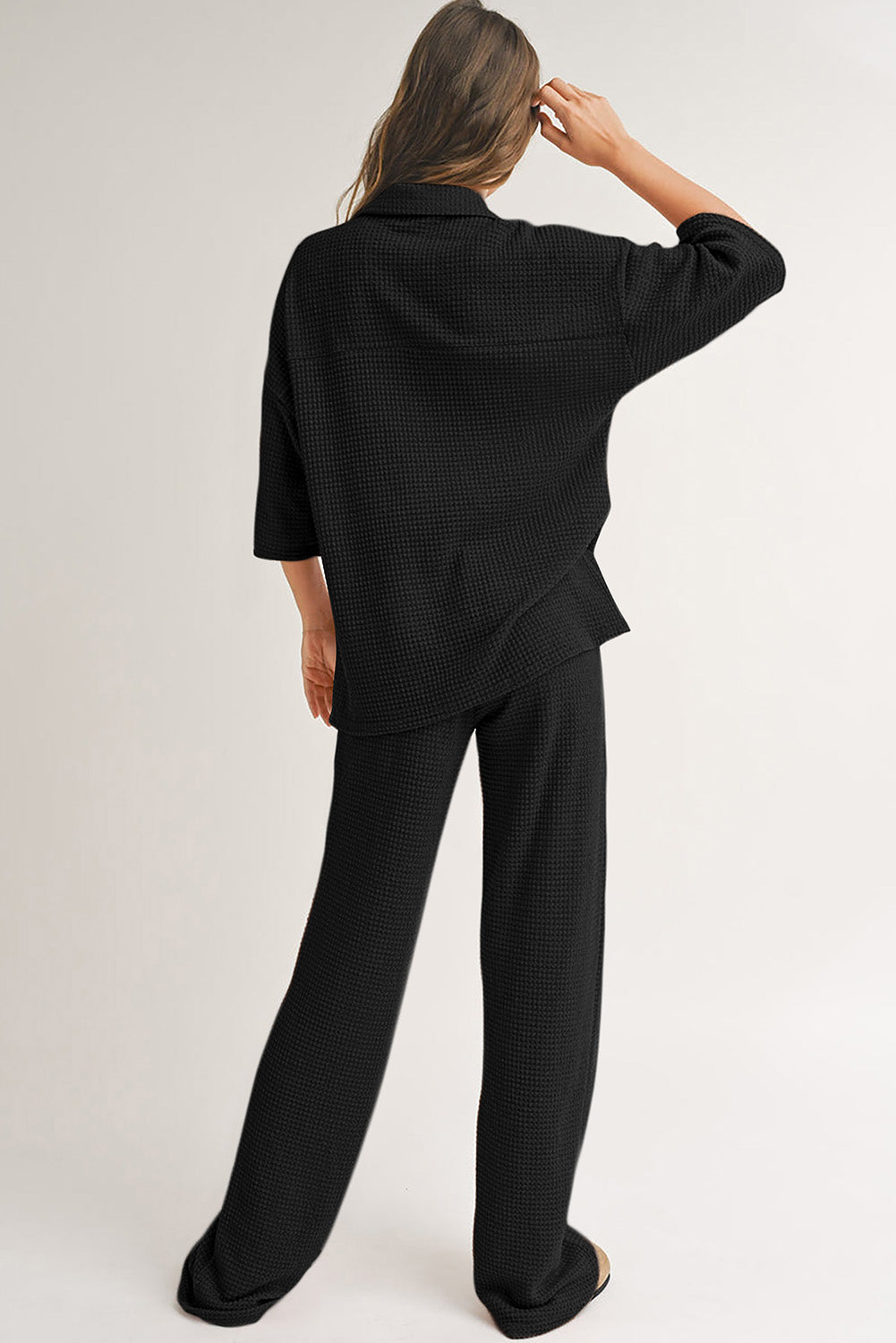 Black Solid Color Textured Buttoned Shirt and Casual Pants Set Pant Sets JT's Designer Fashion