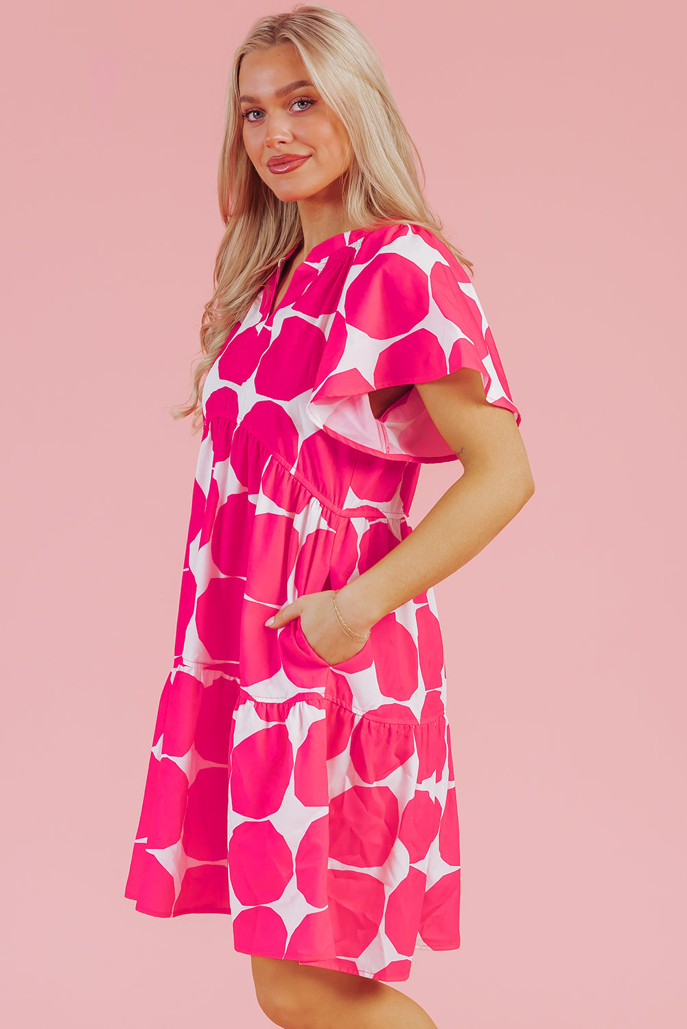 Rose Polka Dot Flutter Sleeve Notched Neck Tiered Flowy Dress Mini Dresses JT's Designer Fashion