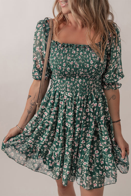 Green Smocked Square Neck Puff Short Sleeve Floral Dress Green 100%Polyester Floral Dresses JT's Designer Fashion