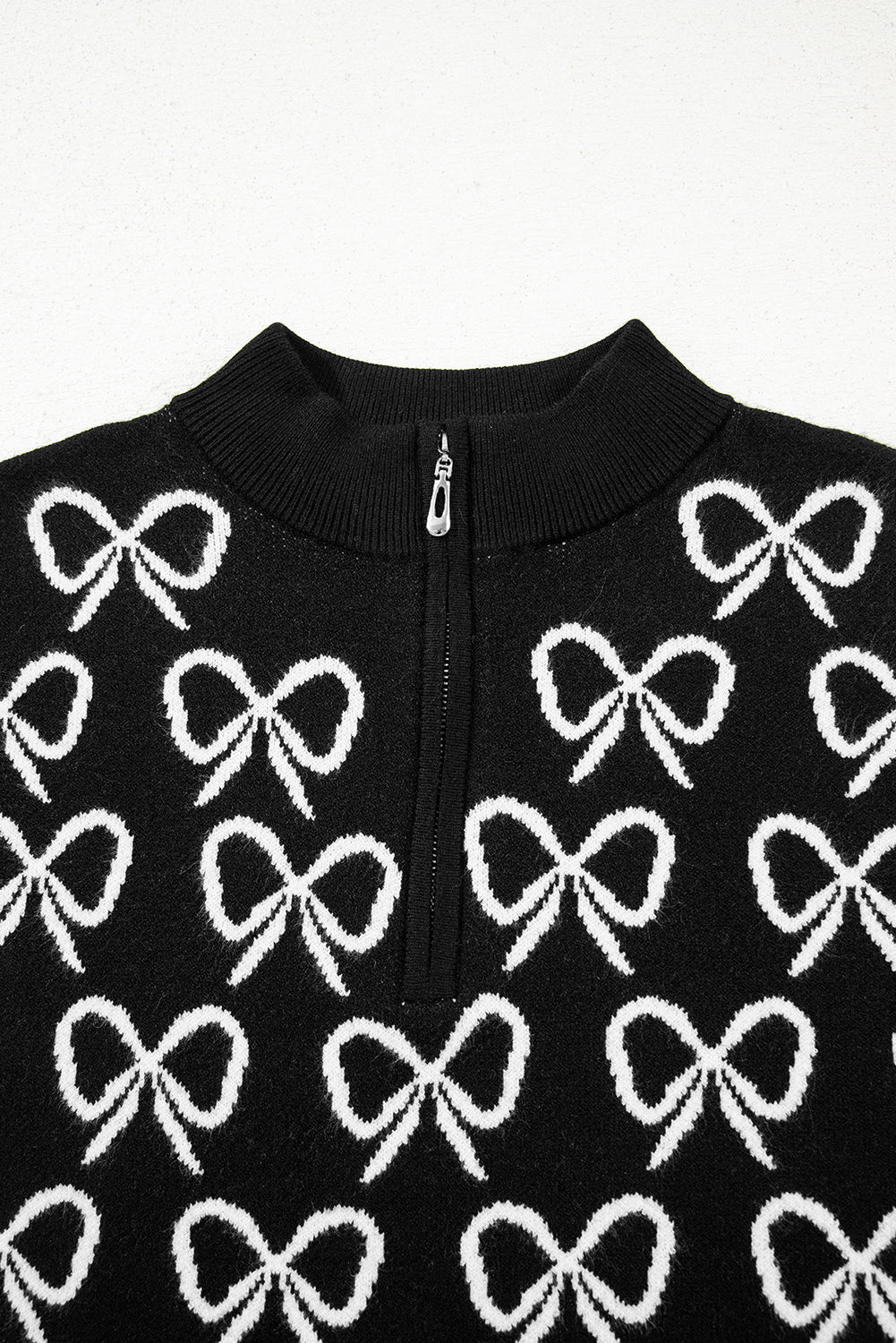 Black Cute Bow Pattern Drop Shoulder Zipped Collar Sweater Sweaters JT's Designer Fashion