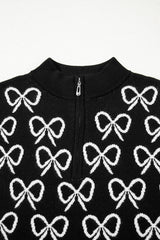 Black Cute Bow Pattern Drop Shoulder Zipped Collar Sweater Sweaters JT's Designer Fashion