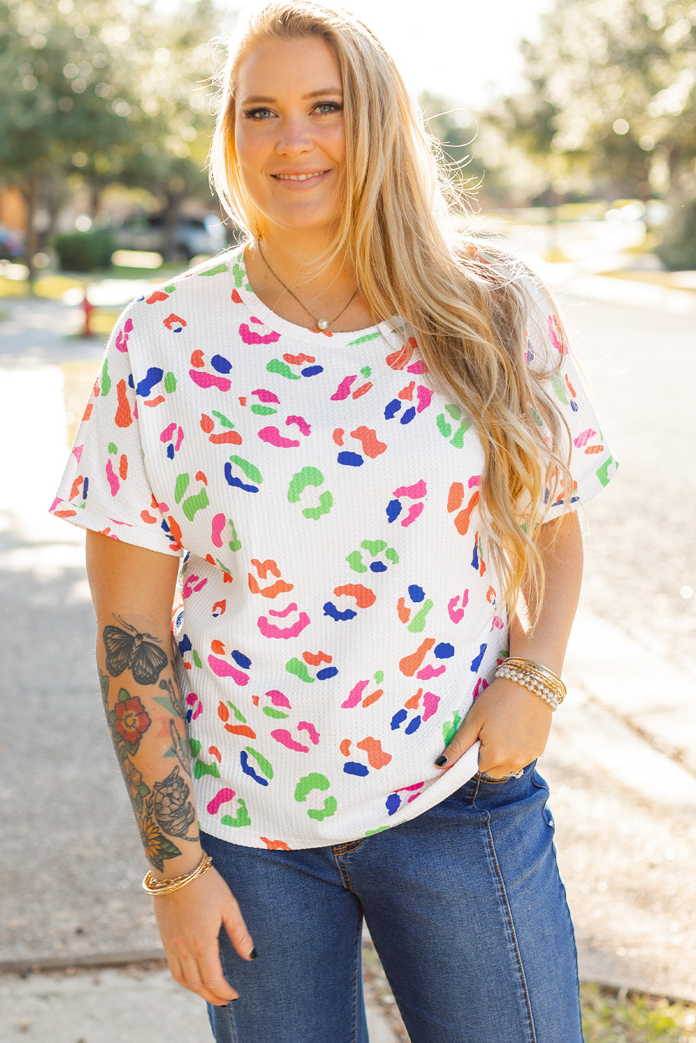 White Multicolor Leopard Print Textured Plus Size T Shirt Plus Size Blouses & Shirts JT's Designer Fashion