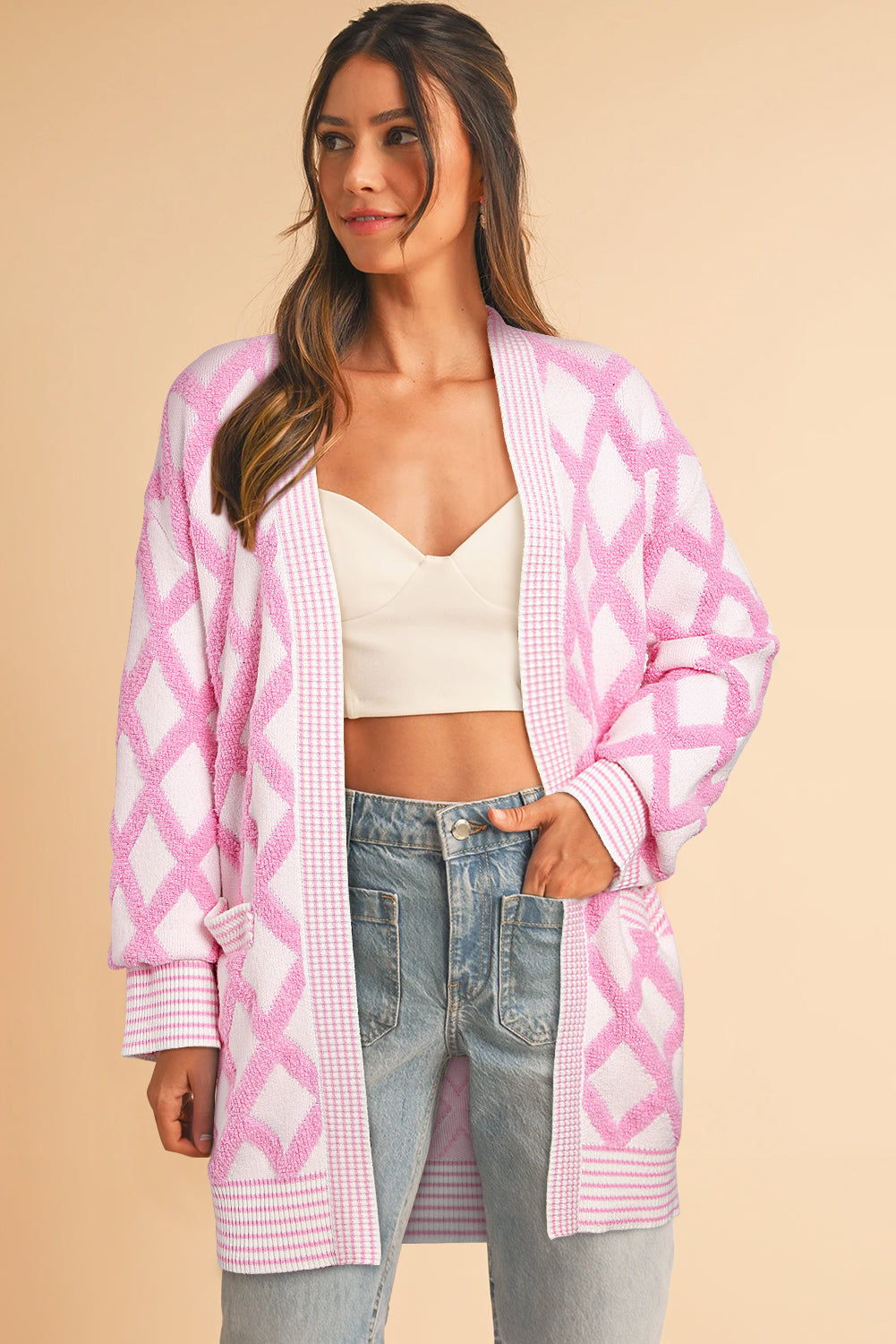 Pink Rhombus Pattern Knit Open Front Pocketed Cardigans Cardigans JT's Designer Fashion
