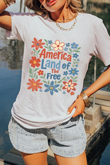 White America Land of The Free Flower Graphic Crewneck T Shirt Graphic Tees JT's Designer Fashion