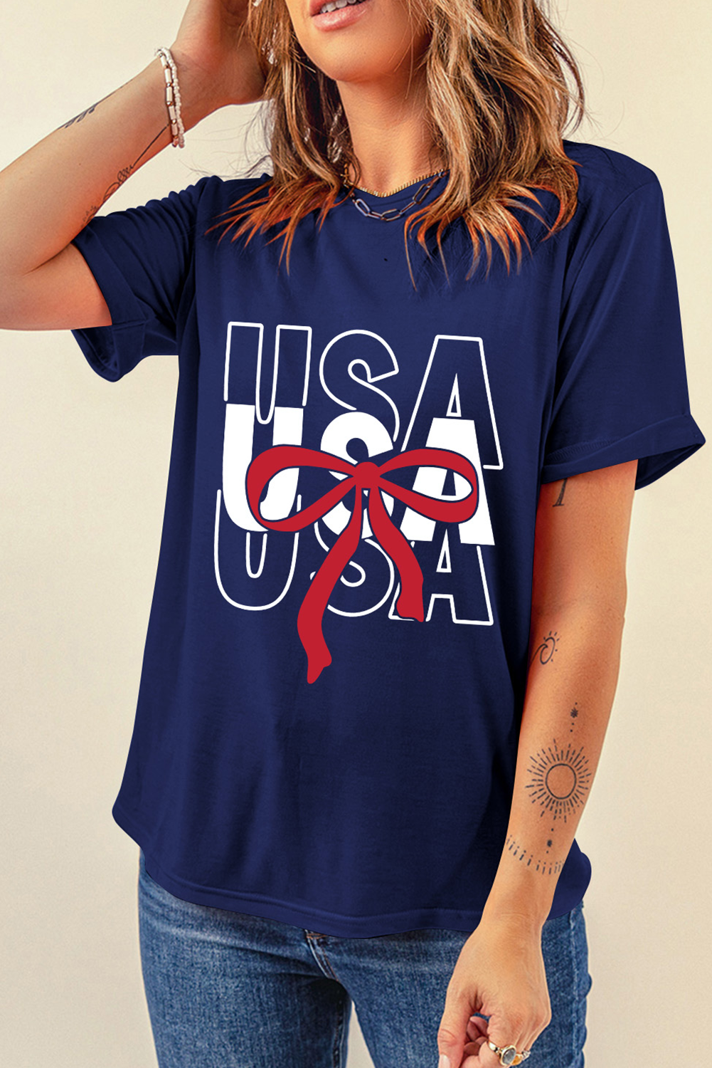 Blue USA Bow Printed Casual Cotton Blend T Shirt Graphic Tees JT's Designer Fashion