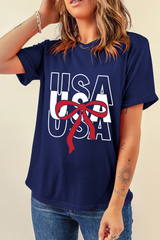 Blue USA Bow Printed Casual Cotton Blend T Shirt Graphic Tees JT's Designer Fashion