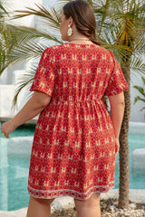Orange Plus Size Printed Surplice Neck Empire Waist Flowy Mini Dress Plus Size Mini Dresses JT's Designer Fashion