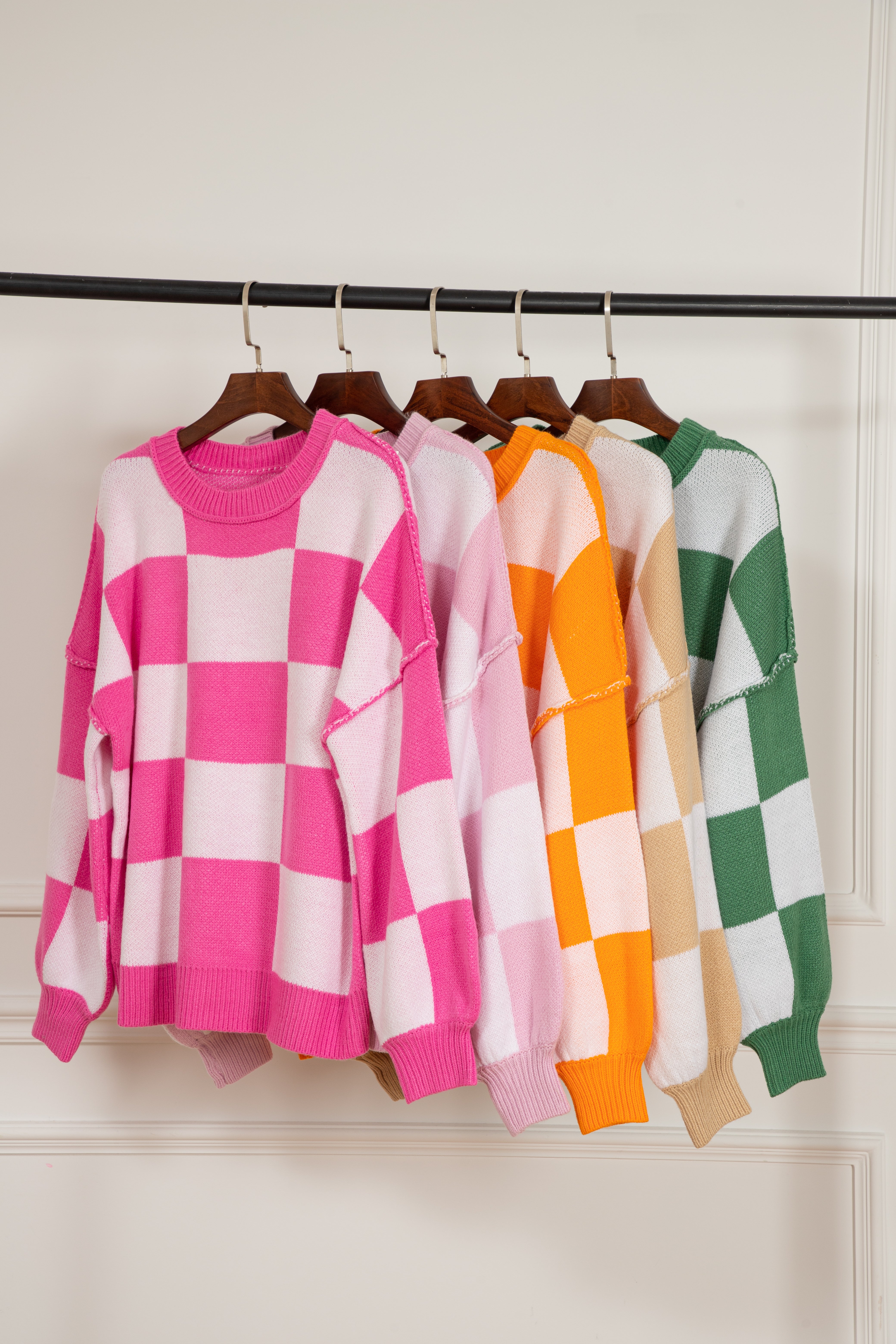 Pink Checkered Bishop Sleeve Sweater Sweaters JT's Designer Fashion