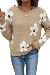 Parchment Flower Pattern Ribbed Trim Crew Neck Sweater Sweaters JT's Designer Fashion
