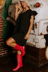 Black Frilled V Neck Pleated Ruffle Detail Short Shift Dress Mini Dresses JT's Designer Fashion