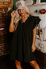 Black Ruffle Sleeve V Neck Frilled Shift Dress Mini Dresses JT's Designer Fashion