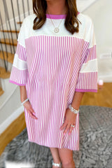 Phalaenopsis Striped Patchwork Three Quarters Sleeve Loose Mini Dress Mini Dresses JT's Designer Fashion