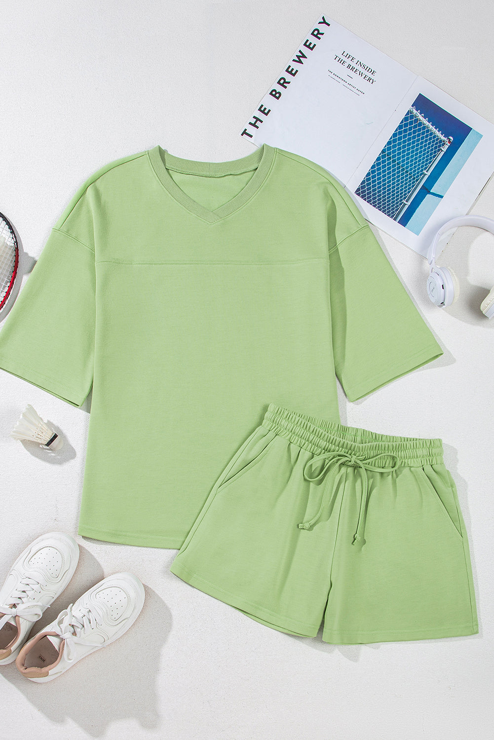 Meadow Mist Green Solid Loose V Neck Half Sleeve Tee and Shorts Short Sets JT's Designer Fashion