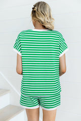 Dark Green Striped Cap Sleeve Tee and Shorts Set Short Sets JT's Designer Fashion