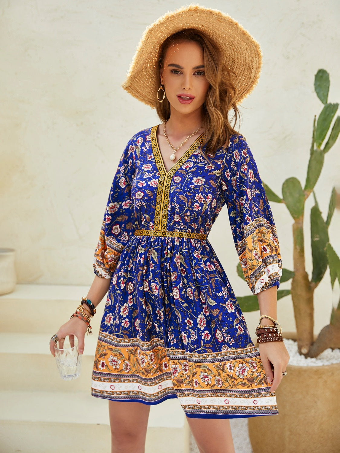 Printed V-Neck Mini Dress Mini Dresses JT's Designer Fashion