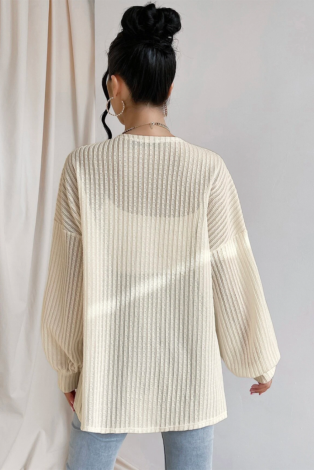 Beige Textured Lantern Sleeve Open Kimono Kimonos JT's Designer Fashion