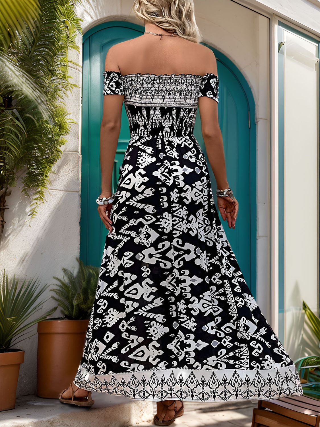 Slit Printed Off-Shoulder Dress JT's Designer Fashion