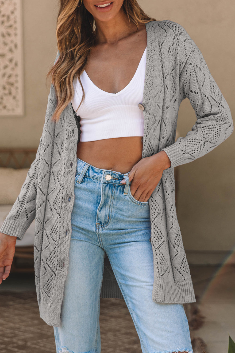 Gray Hollow-out Openwork Knit Cardigan Cardigans JT's Designer Fashion