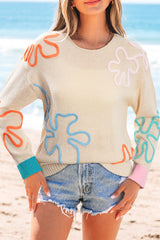 Jet Stream Contrast Flower Detail Colorblock Cuffed Loose Sweater Jet Stream 100%Acrylic Sweaters JT's Designer Fashion