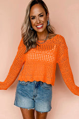 Carrot Solid Color Open Crochet Scallop Edge Sweater Sweaters JT's Designer Fashion