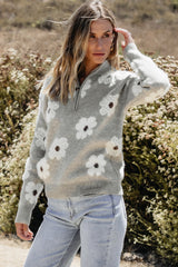 Gray Floral Pattern Half Zip Drop Shoulder Sweater Sweaters JT's Designer Fashion