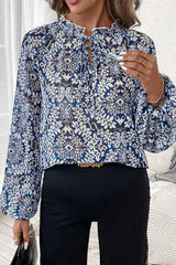 Blue Tribal Print Lace-up Frilled Neck Puff Sleeve Blouse Blue 100%Polyester Blouses & Shirts JT's Designer Fashion