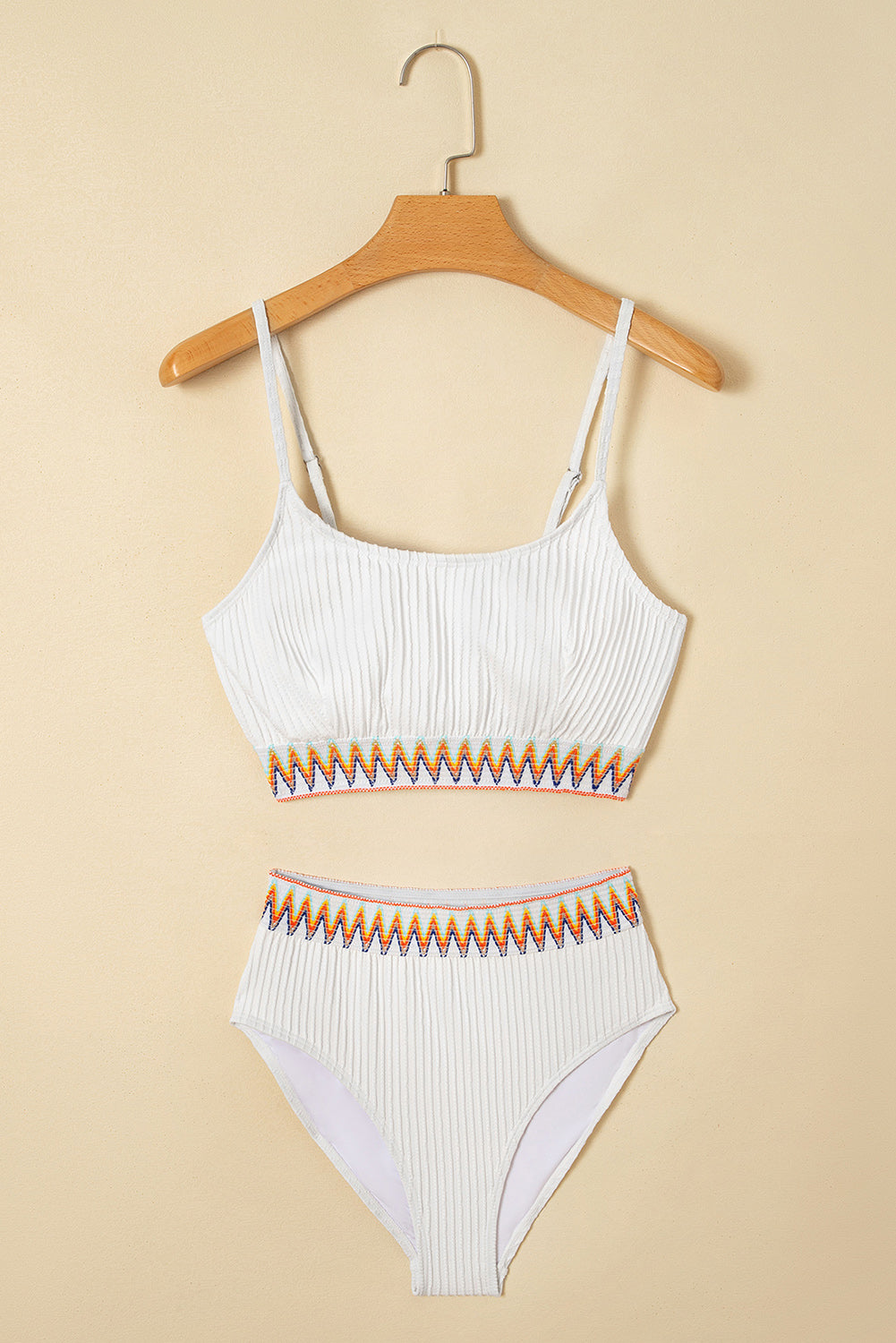 White Textured Contrast Banding Bikini High Waist 2pcs Swimsuit High Waisted Swimsuit JT's Designer Fashion