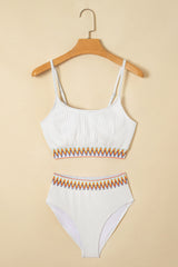 White Textured Contrast Banding Bikini High Waist 2pcs Swimsuit High Waisted Swimsuit JT's Designer Fashion
