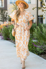 Apricot Floral Print Puff Short Sleeve Resort Plus Size Maxi Dress Plus Size Maxi Dresses JT's Designer Fashion