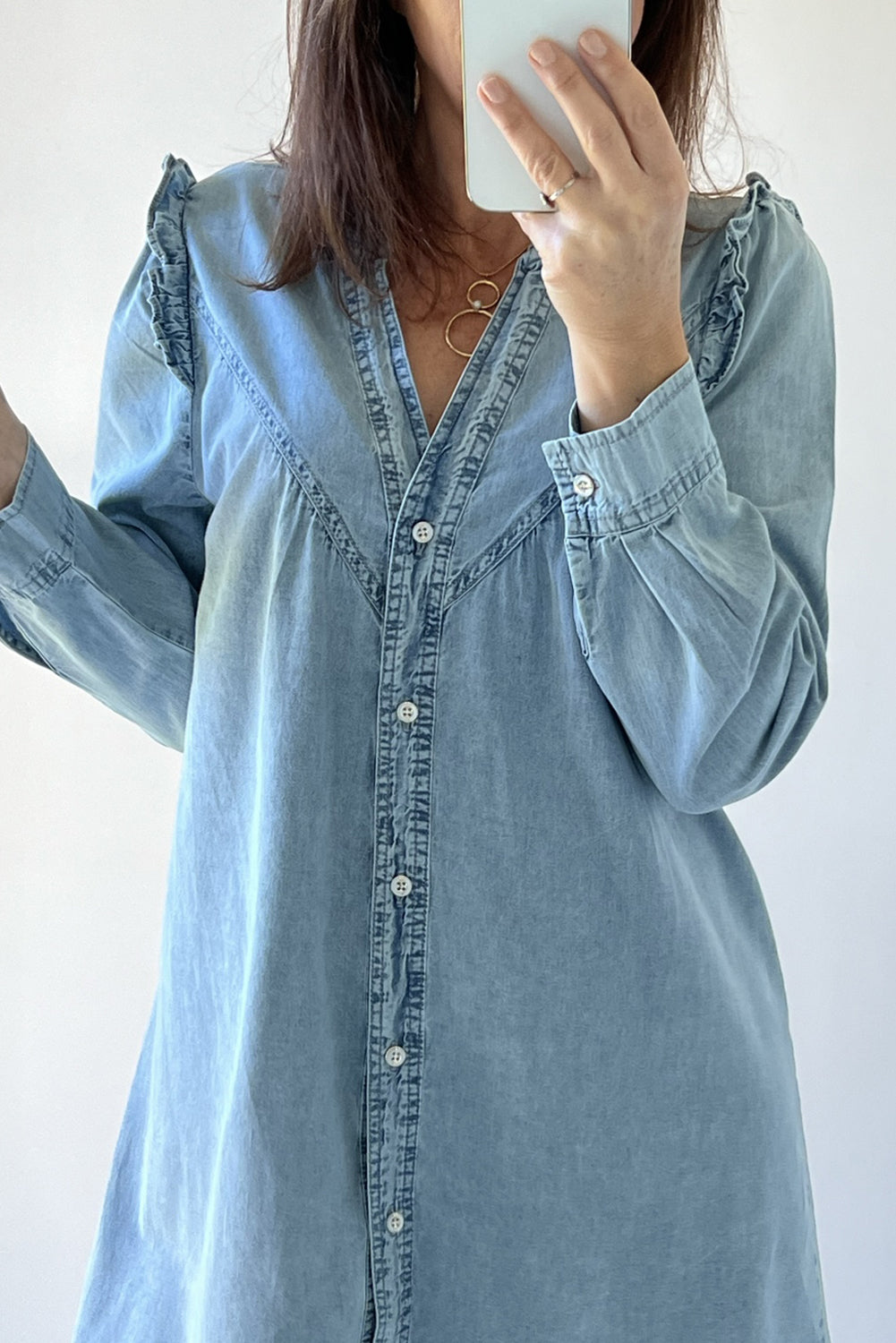 Myosotis Ruffled V Neck Buttoned Shift Denim Dress Mini Dresses JT's Designer Fashion