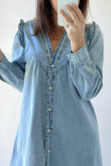 Myosotis Ruffled V Neck Buttoned Shift Denim Dress Mini Dresses JT's Designer Fashion