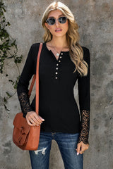 Black Crochet Lace Hem Sleeve Button Top Long Sleeve Tops JT's Designer Fashion