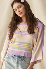 Purple Stripe Borderline Rib Knit Cuffed Dolman Sleeve Sweater Sweaters JT's Designer Fashion